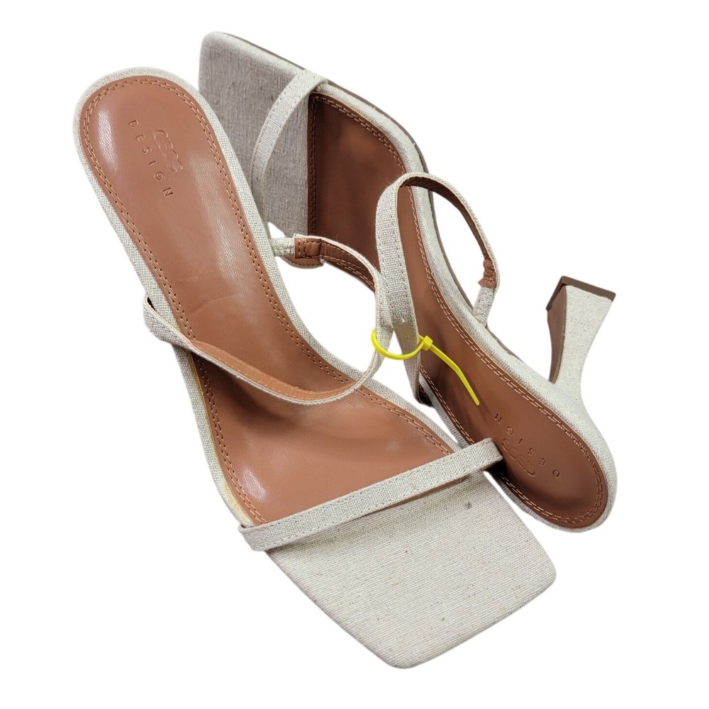 ASOS DESIGN Oatmeal Linen‎ Look Square Toe Strappy Heeled Sandals Mules Neutral